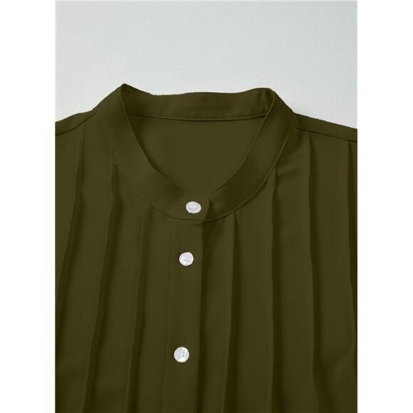 Women’s Chiffon Button Down Blouse | Pleated Mandarin Collar Tunic Top - Picture 5 of 6